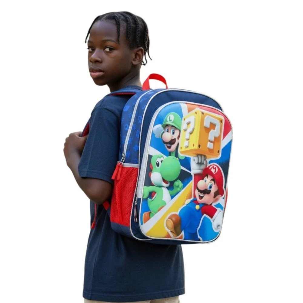 Nintendo Super Mario 17 Inch Backpack Mario Luigi Yoshi Blue Red Kids School Bag